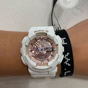 Casio Women’s Baby- G rose gold analog, digital watch with white band
